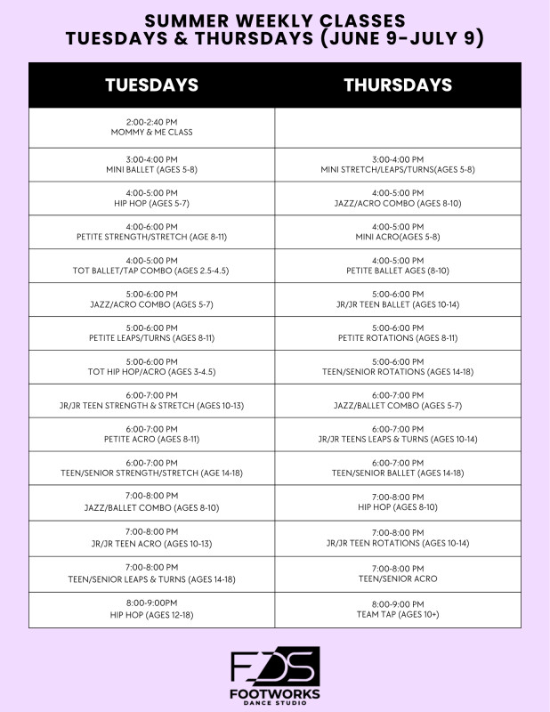2026 Footworks summer class schedule